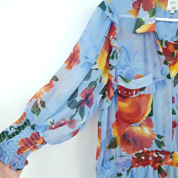 Misa Los Angeles Enya Floral Sheer Mini Dress Long Sleeve Orange & Blue Women XL - Picture 5 of 15
